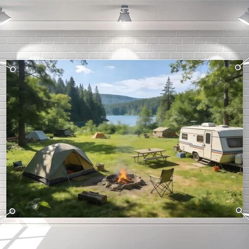 خلفية التخييم 10 × 8 قدم من القماش مشهد الغابة خيمة طبيعية نار المعسكر بحيرة RV خلفية التصوير الفوتوغرافي في الهواء الطلق زينة الحفلات راية صور الدعائم in Kuwait