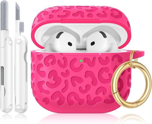 for AirPods 4 Case Cover, Leopard Engraved Silicone Protective Shell Compatible with Apple Air Pod 4th Generation Case for Women Girly,Cute iPods 4 Case with Keychain- Pink in Saudi Arabia