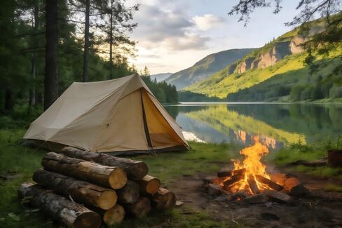 Camping Backdrop 10x8ft Fabric Forest Scene Natural Tent Campfire Lake RV Photography Background Outdoor Camper Party Decorations Banner Photo Props in Saudi Arabia