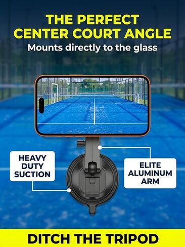 Padel Phone Holder for Glass Courts | Compatible with MagSafe Magnetic Mount with Heavy-Duty Double Suction Cup & Aluminum Arm | 360° Adjustable Glass Phone Mount for Padel Recording Accessories in Saudi Arabia