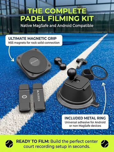Padel Phone Holder for Glass Courts | Compatible with MagSafe Magnetic Mount with Heavy-Duty Double Suction Cup & Aluminum Arm | 360° Adjustable Glass Phone Mount for Padel Recording Accessories in Saudi Arabia