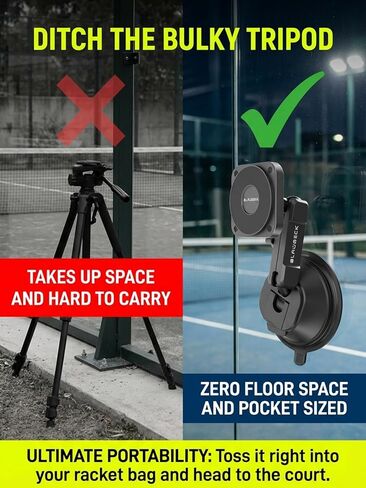 Padel Phone Holder for Glass Courts | Compatible with MagSafe Magnetic Mount with Heavy-Duty Double Suction Cup & Aluminum Arm | 360° Adjustable Glass Phone Mount for Padel Recording Accessories in Saudi Arabia