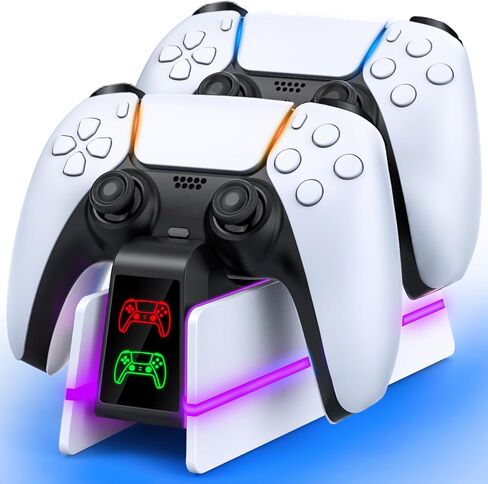 قاعدة شحن لوحدة تحكم PS5 مع 9 مصابيح LED، قاعدة شحن لوحدة تحكم PS5/Edge، حامل شحن سريع 3H، شاحن آمن، أبيض وأسود in Kuwait