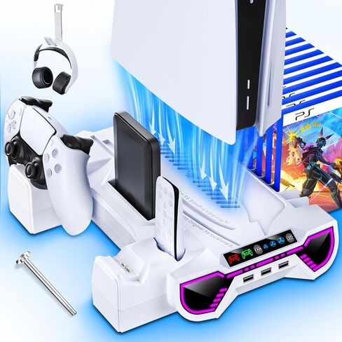 PS5 Cooling Station with Controller Charging Station for Playstation 5/Slim/Pro Console, PS5 Cooling Stand with Controller Charger - LED Sunglass Design, Turbo Fan, Headset Holder, 3 USB Hub, White in Saudi Arabia