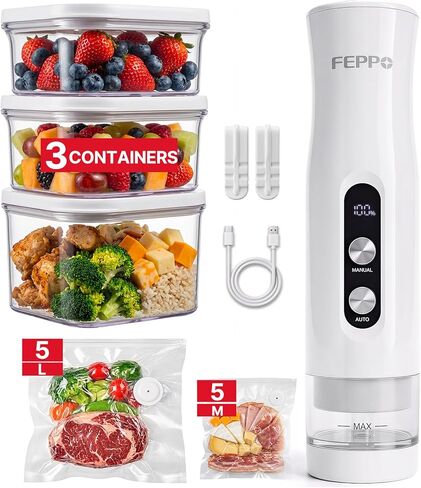 FEPPO Compact Vacuum Sealer للأغذية (آلة تفريغ الهواء + 3 حاويات + 10 أكياس قابلة لإعادة الاستخدام)، سدادة طعام محمولة قوية مضادة للتدفق الزائد، أوضاع تلقائية ويدوية، قفل للسفر، سهل التنظيف in Kuwait
