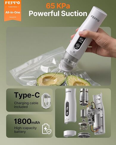 FEPPO Compact Vacuum Sealer للأغذية (آلة تفريغ الهواء + 3 حاويات + 10 أكياس قابلة لإعادة الاستخدام)، سدادة طعام محمولة قوية مضادة للتدفق الزائد، أوضاع تلقائية ويدوية، قفل للسفر، سهل التنظيف in Kuwait