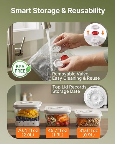 FEPPO Compact Vacuum Sealer للأغذية (آلة تفريغ الهواء + 3 حاويات + 10 أكياس قابلة لإعادة الاستخدام)، سدادة طعام محمولة قوية مضادة للتدفق الزائد، أوضاع تلقائية ويدوية، قفل للسفر، سهل التنظيف in Kuwait