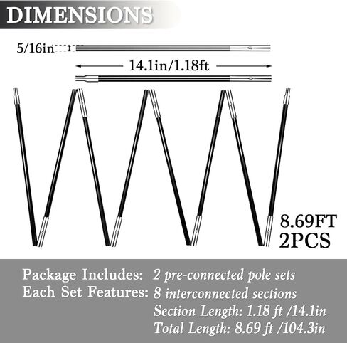 Fiberglass Tent Poles Replacement - 2 x 8.69Ft Pre-Assembled Adjustable Portable Tent Poles with a Diameter of 8MM for Hiking & Awning CampingTent Trap Repair & Outdoor Shelter Support (Black 104 in) in Saudi Arabia