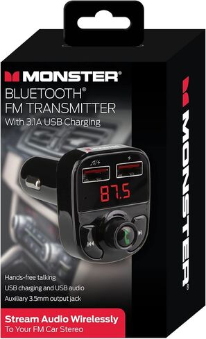 جهاز إرسال FM بلوتوث من مونستر مع منافذ شحن USB 3.1 أمبير، ومتوافق مع USB وUSB-A، وتشغيل الموسيقى من هاتفك/الكمبيوتر اللوحي/الكمبيوتر المحمول، إلخ. يعمل مع مساعد Google/Siri، مكالمات بدون استخدام اليدين in Kuwait