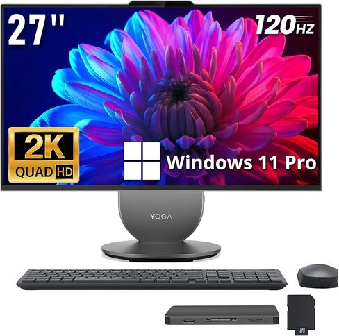 Lenovo Yoga AIO Desktop AI PC, 27" QHD IPS+120Hz Display, Intel Ultra 7 255H 16-Core Processor, 16GB LPDDR5X, 2TB Storage (1TB SSD+1TB Docking Station), Intel Arc GPU, Wi-Fi 7, Win 11 Pro, Gray in Saudi Arabia