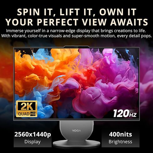Lenovo Yoga AIO Desktop AI PC, 27" QHD IPS+120Hz Display, Intel Ultra 7 255H 16-Core Processor, 16GB LPDDR5X, 2TB Storage (1TB SSD+1TB Docking Station), Intel Arc GPU, Wi-Fi 7, Win 11 Pro, Gray in Saudi Arabia