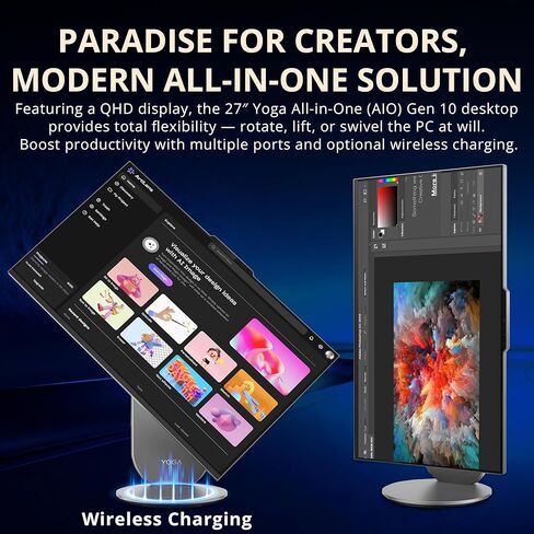 Lenovo Yoga AIO Desktop AI PC, 27" QHD IPS+120Hz Display, Intel Ultra 7 255H 16-Core Processor, 16GB LPDDR5X, 2TB Storage (1TB SSD+1TB Docking Station), Intel Arc GPU, Wi-Fi 7, Win 11 Pro, Gray in Saudi Arabia