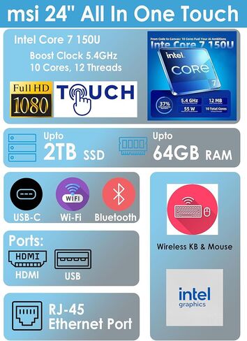 msi Modern 24" All-in-One Touchscreen Desktop, 10-core Intel Core 7 150U CPU(5.4GHz), IPS FHD (1920X1080) Display, 16GB DDR5 RAM, 512GB SSD Plus 1TB HDD, HDMI in&Out Wireless KB& Mouse, Win 11, Black in Saudi Arabia