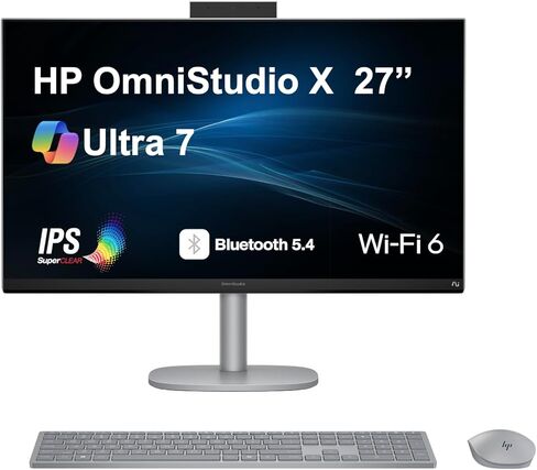 HP OmniStudio X Copilot + الكل في واحد 27 بوصة IPS 4K UHD (3840x2160) شاشة كمبيوتر AI (Intel Ultra 7-256V (47 NPU Tops)، 16 جيجابايت LPDDR5X، 1 تيرابايت PCIe SSD، Intel Arc 140V، WiFi 6، كاميرا ويب، بلوتوث 5.4، Win 11 Pro) in Saudi Arabia