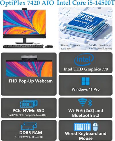 كمبيوتر مكتبي Dell OptiPlex 7420 7000 24 Business الكل في واحد، ذاكرة وصول عشوائي DDR5 سعة 16 جيجابايت، محرك أقراص PCIe SSD سعة 512 جيجابايت، الجيل الرابع عشر Intel 14-Core i5-14500T (Beat i7-13700T)، شاشة 23.8 بوصة FHD، WiFi 6، USB-C، DisplayPort، Window in Saudi Arabia