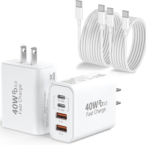 USB C Wall Charger, 40w 4 Port PD Power Adapter, QC Charging Block, Multiport(2A2C) Plug for iPhone 17 16 15 14 13 12 11 Pro Max Plus Mini XS XR X 8, Cable for iPad Air, Pack of USBC Cable 6FT/10Ft in Saudi Arabia