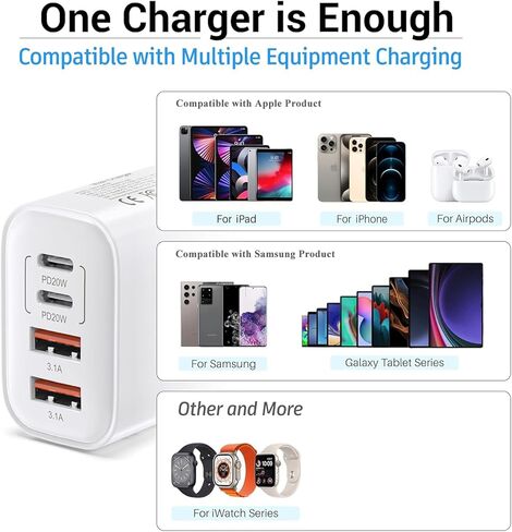 USB C Wall Charger, 40w 4 Port PD Power Adapter, QC Charging Block, Multiport(2A2C) Plug for iPhone 17 16 15 14 13 12 11 Pro Max Plus Mini XS XR X 8, Cable for iPad Air, Pack of USBC Cable 6FT/10Ft in Saudi Arabia