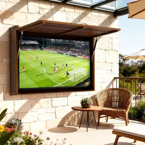 Outdoor TV Enclosure, 65 Inch Solid Wood Wall-Mounted TV Cabinet with Dual-Arm Steel Bracket, Includes 600D Oxford TV Cover, Walnut in Saudi Arabia