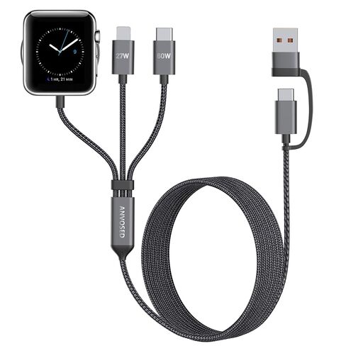 كابل شحن سريع 60 وات لشاحن ساعة Apple، كابل شحن متعدد محمول 6 في 1 لساعة Apple Series 1–11/SE/Ultra (أسود، 120) in Kuwait