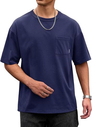 تي شيرت رجالي بجيب كبير الحجم من القطن ثقيل الوزن تي شيرت صيفي أساسي (S-XXL) in Kuwait