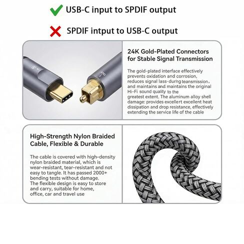 كابل صوت بصري USB-C إلى Toslink، كابل صوت رقمي أحادي الاتجاه من النوع C إلى SPDIF S/PDIF مناسب لأجهزة الكمبيوتر/أجهزة الكمبيوتر المحمولة/الهواتف المحمولة/مكبرات الصوت/مكبرات الصوت/أنظمة المسرح المنزلي (3.3FT) in Kuwait