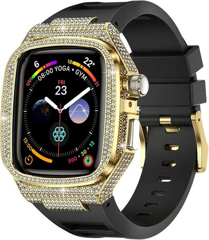 Bling Diamond Case with Band for Apple Watch 46mm 45mm 45mm 42mm, Compatible with Iwatch Series 11 10 9 8 7 6 5 4 SE3 2 1, Gold Case and Correa Para Apple Watch, Luxury Apple Watch Band for Man in Saudi Arabia