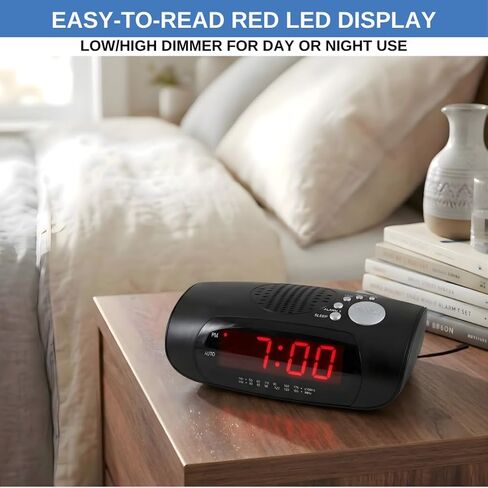 راديو منبه رقمي لغرفة النوم مع راديو AM/FM، منفذ شحن USB للهاتف، شاشة LED حمراء، تنبيه للراديو أو الجرس، قيلولة بعد الظهر، مؤقت للنوم، مدخل AUX، بطارية احتياطية in Kuwait