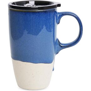 Bosmarlin Ceramic Travel Coffee Mug with Handle and Lid, 18 oz, Portable Coffee Cup for Car Cup Holder, Microwave and Dishwasher Safe, Reactive Glaze (Deep Blue) in Saudi Arabia