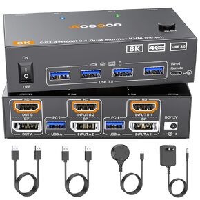HDMI DP2.1 KVM Switch 2 شاشات 2 جهاز كمبيوتر، 8K @ 60 هرتز/4K @ 144 هرتز KVM Switch لشاشتين مشاركة جهاز كمبيوتر، لوحة مفاتيح، ماوس، مع كابلين USB3.0، وحدة تحكم سلكية ومحول طاقة in Kuwait