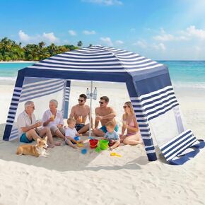 NORTHSKY Beach Cabana 8×8FT، مظلة الشاطئ مع جدار جانبي قطعتين، مأوى للشمس لخيمة الشاطئ، سهل الإعداد بعامل حماية من أشعة الشمس 50+ مأوى للشمس مع حامل أكواب للشاطئ، الفناء، الفناء، الأراضي الزجاجية، خطوط زرقاء وبيضاء in Kuwait