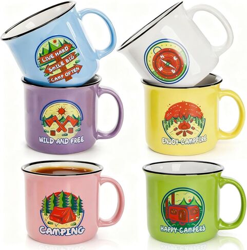 Covzoe Set of 6 Camping Mugs, 15 Oz Ceramic Campfire Coffee Mug in Assorted Colors, Portable Happy Campers Drinking Mug for Tea Milk Picnics Hiking Fishing Travling Lover Gifts, Not Dishwasher Safe in Saudi Arabia