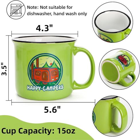 Covzoe Set of 6 Camping Mugs, 15 Oz Ceramic Campfire Coffee Mug in Assorted Colors, Portable Happy Campers Drinking Mug for Tea Milk Picnics Hiking Fishing Travling Lover Gifts, Not Dishwasher Safe in Saudi Arabia
