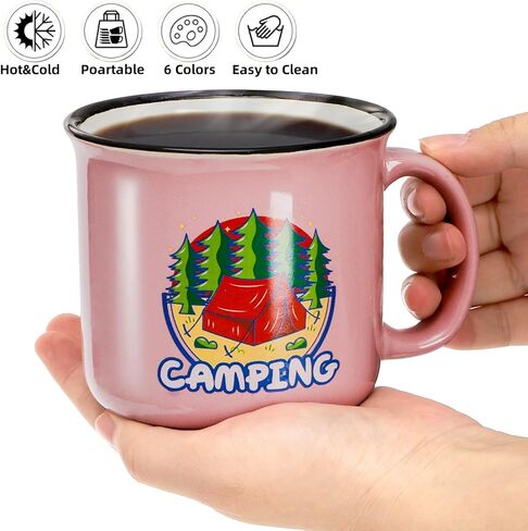 Covzoe Set of 6 Camping Mugs, 15 Oz Ceramic Campfire Coffee Mug in Assorted Colors, Portable Happy Campers Drinking Mug for Tea Milk Picnics Hiking Fishing Travling Lover Gifts, Not Dishwasher Safe in Saudi Arabia