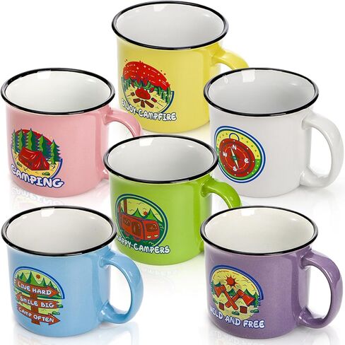 Covzoe Set of 6 Camping Mugs, 15 Oz Ceramic Campfire Coffee Mug in Assorted Colors, Portable Happy Campers Drinking Mug for Tea Milk Picnics Hiking Fishing Travling Lover Gifts, Not Dishwasher Safe in Saudi Arabia