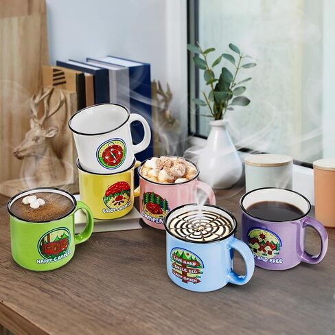 Covzoe Set of 6 Camping Mugs, 15 Oz Ceramic Campfire Coffee Mug in Assorted Colors, Portable Happy Campers Drinking Mug for Tea Milk Picnics Hiking Fishing Travling Lover Gifts, Not Dishwasher Safe in Saudi Arabia