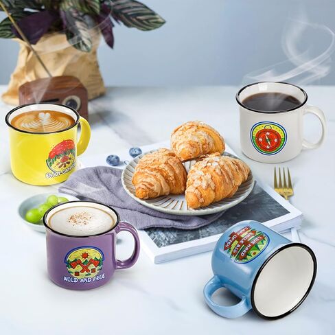 Covzoe Set of 6 Camping Mugs, 15 Oz Ceramic Campfire Coffee Mug in Assorted Colors, Portable Happy Campers Drinking Mug for Tea Milk Picnics Hiking Fishing Travling Lover Gifts, Not Dishwasher Safe in Saudi Arabia