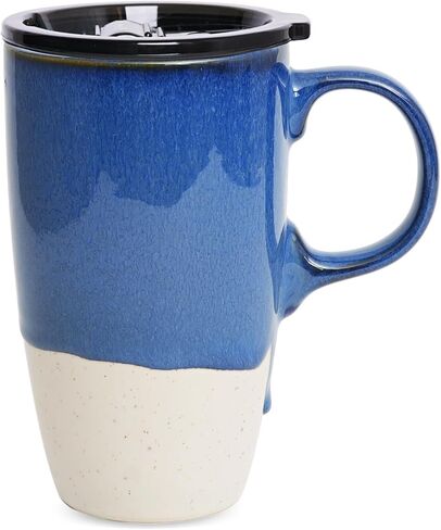 Bosmarlin Ceramic Travel Coffee Mug with Handle and Lid, 18 oz, Portable Coffee Cup for Car Cup Holder, Microwave and Dishwasher Safe, Reactive Glaze (Deep Blue) in Saudi Arabia