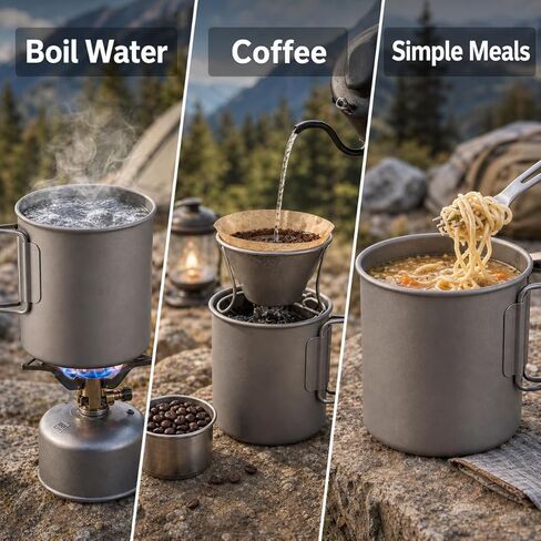 Titanium Camping Mug with Lid, 750ml / 25oz Single-Wall Cook Cup for Coffee, Tea, Boiling Water & Simple Meals, Foldable Handles, Backpacking Mug for Hiking & Camping in Saudi Arabia