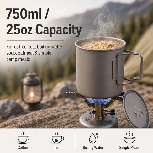 Titanium Camping Mug with Lid, 750ml / 25oz Single-Wall Cook Cup for Coffee, Tea, Boiling Water & Simple Meals, Foldable Handles, Backpacking Mug for Hiking & Camping in Saudi Arabia