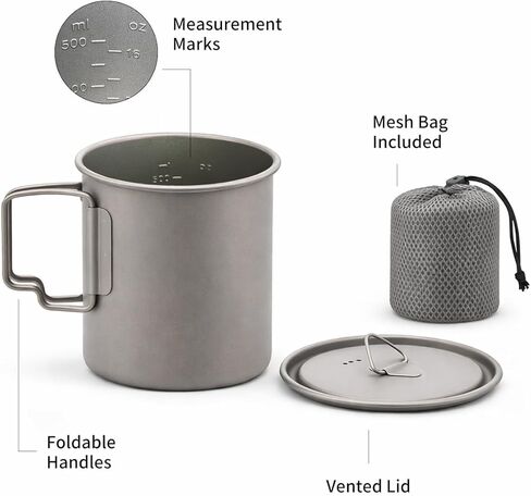 Titanium Camping Mug with Lid, 750ml / 25oz Single-Wall Cook Cup for Coffee, Tea, Boiling Water & Simple Meals, Foldable Handles, Backpacking Mug for Hiking & Camping in Saudi Arabia
