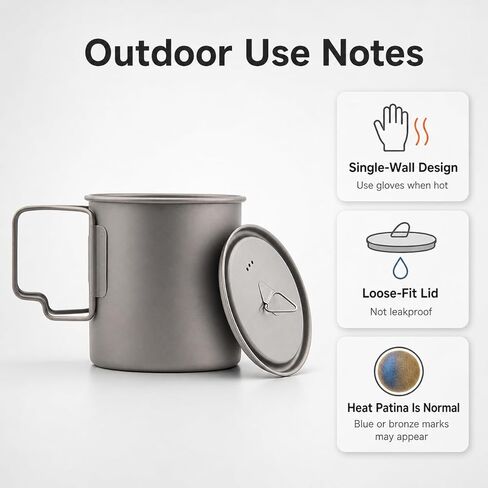 Titanium Camping Mug with Lid, 750ml / 25oz Single-Wall Cook Cup for Coffee, Tea, Boiling Water & Simple Meals, Foldable Handles, Backpacking Mug for Hiking & Camping in Saudi Arabia
