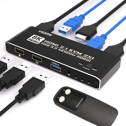 KVM Switch HDMI 2 in 1 Out for 1 Monitor 2 Computers, 8K@60 هرتز 4K@165 هرتز USB 3.0 Hub مع جهاز تحكم عن بعد بالأشعة تحت الحمراء، سبائك الألومنيوم، HDR10 HDCP 2.2 in Kuwait
