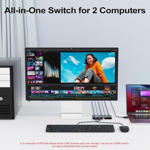 KVM Switch HDMI 2 in 1 Out for 1 Monitor 2 Computers, 8K@60 هرتز 4K@165 هرتز USB 3.0 Hub مع جهاز تحكم عن بعد بالأشعة تحت الحمراء، سبائك الألومنيوم، HDR10 HDCP 2.2 in Kuwait