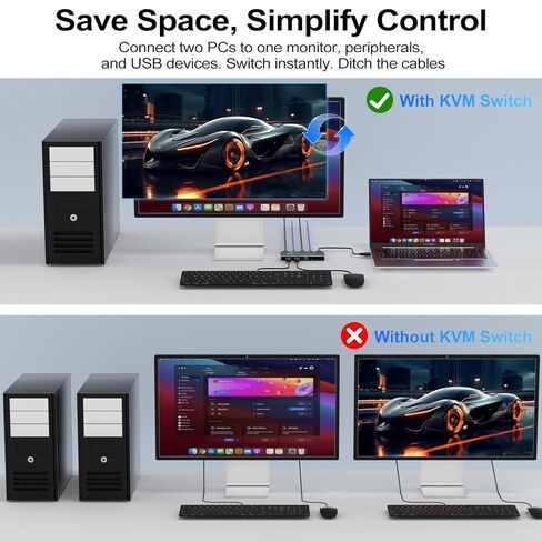 KVM Switch HDMI 2 in 1 Out for 1 Monitor 2 Computers, 8K@60 هرتز 4K@165 هرتز USB 3.0 Hub مع جهاز تحكم عن بعد بالأشعة تحت الحمراء، سبائك الألومنيوم، HDR10 HDCP 2.2 in Kuwait