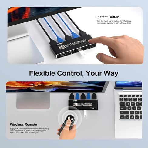 KVM Switch HDMI 2 in 1 Out for 1 Monitor 2 Computers, 8K@60 هرتز 4K@165 هرتز USB 3.0 Hub مع جهاز تحكم عن بعد بالأشعة تحت الحمراء، سبائك الألومنيوم، HDR10 HDCP 2.2 in Kuwait