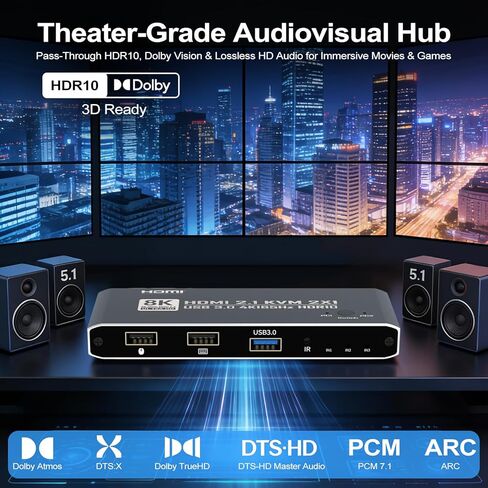 KVM Switch HDMI 2 in 1 Out for 1 Monitor 2 Computers, 8K@60 هرتز 4K@165 هرتز USB 3.0 Hub مع جهاز تحكم عن بعد بالأشعة تحت الحمراء، سبائك الألومنيوم، HDR10 HDCP 2.2 in Kuwait