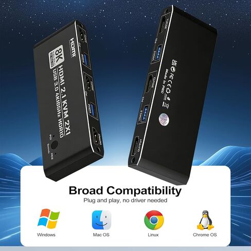 KVM Switch HDMI 2 in 1 Out for 1 Monitor 2 Computers, 8K@60 هرتز 4K@165 هرتز USB 3.0 Hub مع جهاز تحكم عن بعد بالأشعة تحت الحمراء، سبائك الألومنيوم، HDR10 HDCP 2.2 in Kuwait