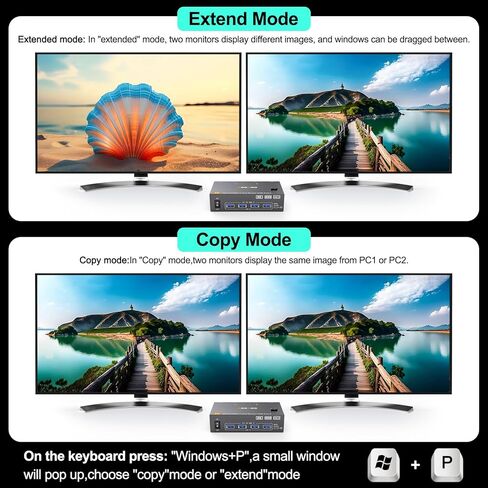 HDMI DP2.1 KVM Switch 2 شاشات 2 جهاز كمبيوتر، 8K @ 60 هرتز/4K @ 144 هرتز KVM Switch لشاشتين مشاركة جهاز كمبيوتر، لوحة مفاتيح، ماوس، مع كابلين USB3.0، وحدة تحكم سلكية ومحول طاقة in Kuwait