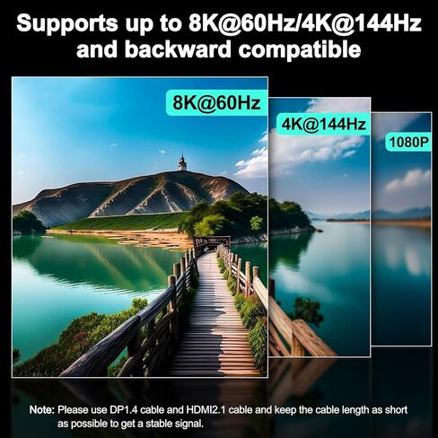 HDMI DP2.1 KVM Switch 2 شاشات 2 جهاز كمبيوتر، 8K @ 60 هرتز/4K @ 144 هرتز KVM Switch لشاشتين مشاركة جهاز كمبيوتر، لوحة مفاتيح، ماوس، مع كابلين USB3.0، وحدة تحكم سلكية ومحول طاقة in Kuwait