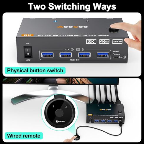 HDMI DP2.1 KVM Switch 2 شاشات 2 جهاز كمبيوتر، 8K @ 60 هرتز/4K @ 144 هرتز KVM Switch لشاشتين مشاركة جهاز كمبيوتر، لوحة مفاتيح، ماوس، مع كابلين USB3.0، وحدة تحكم سلكية ومحول طاقة in Kuwait